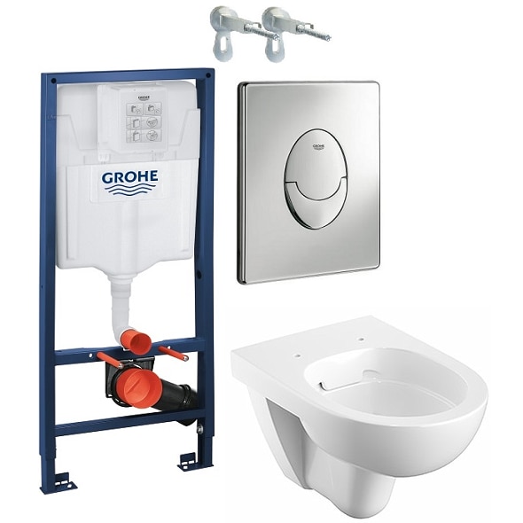 Set 2 in 1 Vas wc suspendat, rezervor Grohe capacitate 9 L, capac soft and slim, clapeta crom lucios