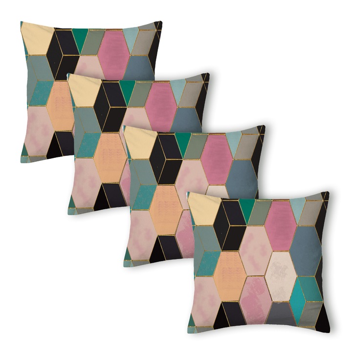 Комплект от 4 калъфки за декоративни възглавници Abstract Cubes Aglika, 45x45 см, 100% микрофибър, Затваряне с цип, Дигитален принт, Полиестер