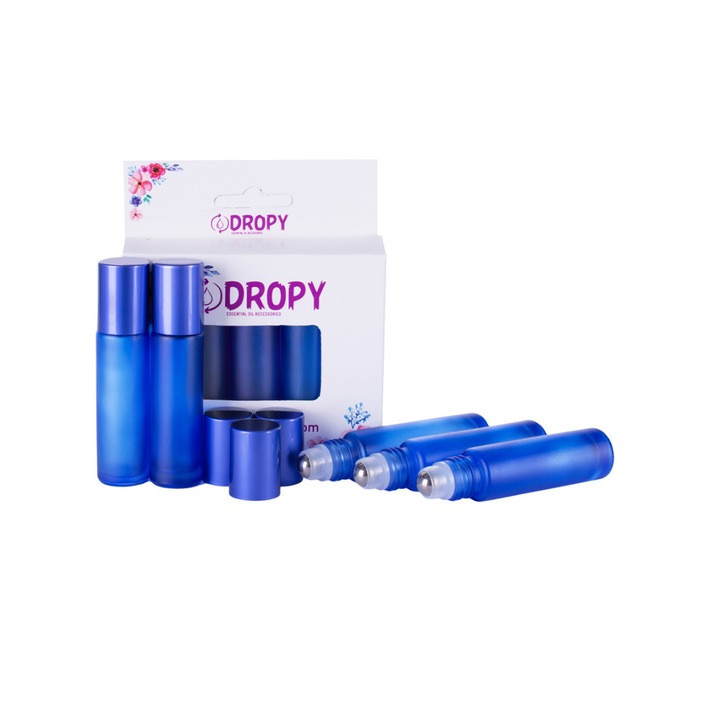 Set 5 recipiente cosmetice sticlute roll-on 5 ml DROPY®, pentru uleiuri esentiale, sticla groasa, albastra, model ICE
