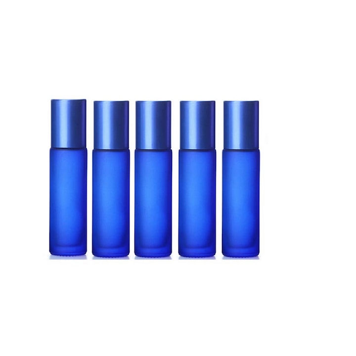 DROPY Roll-on üveg kozmetikai tartály készlet, 5 db-os, 5 ml, illóolajokhoz, vastag üveg, kék, ICE modell