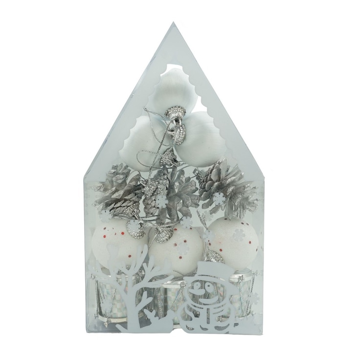 Комплект Kоледни играчки Flippy топка, бял/сребрист, полистирен, с блестящо покритие, 12 броя