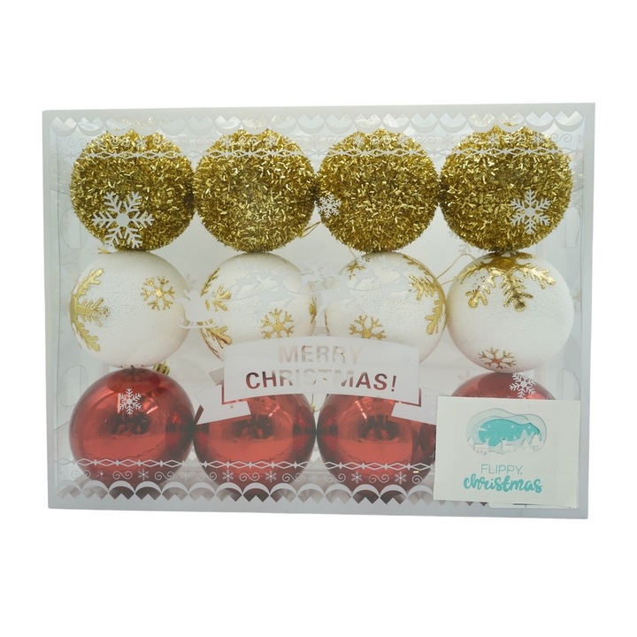 Комплект Kоледни играчки Flippy топка, бял/червен, полистирен, с блестящо покритие, 12 броя