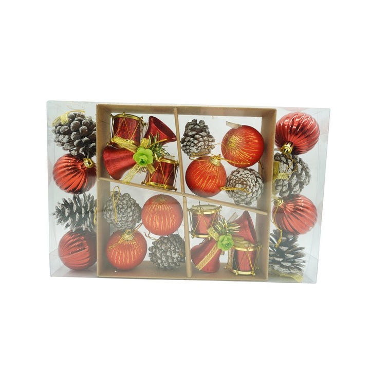 Комплект Kоледни играчки Flippy топка, червен/кафяв, полистирен, с блестящо покритие, 24 броя