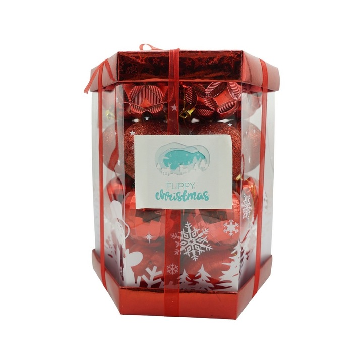 Комплект Kоледни играчки Flippy топка, червен, полистирен, с блестящо покритие, 28 броя