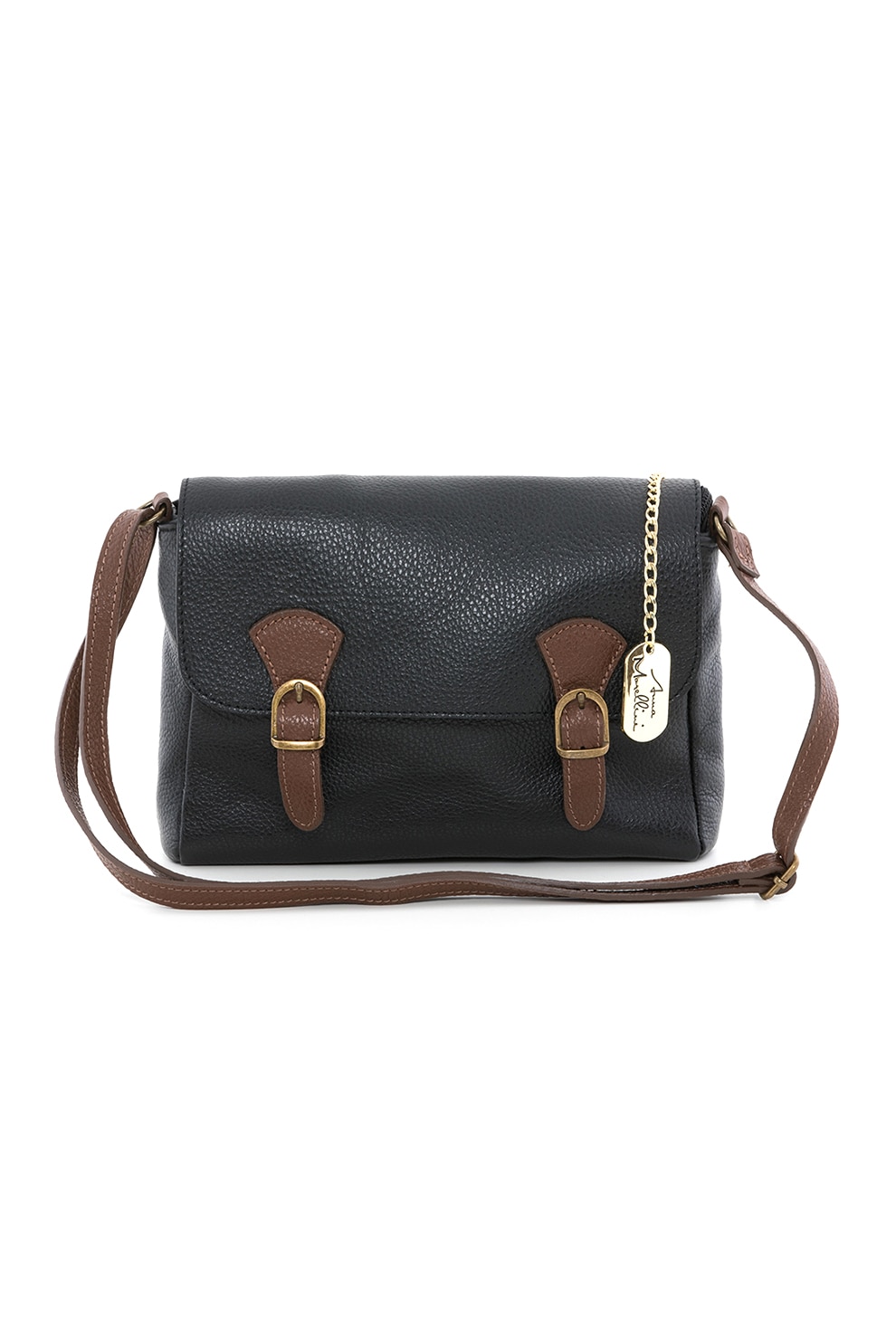 Anna Morellini, Geanta de piele cu bareta de umar si logo Clementina, Negru/Maro inchis