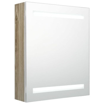Dulap de baie cu oglinda si LED, vidaXL, MDF-sticla, 50 x 14 x 60 cm, Alb/Maro stejar