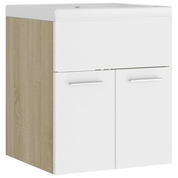 Set dulap si chiuveta de baie, vidaXL, PAL, 41 x 38.5 x 46 cm, Alb/Maro Stejar Set dulap si chiuveta de baie, vidaXL, PAL, 41 x 38.5 x 46 cm, Alb/Maro Stejar