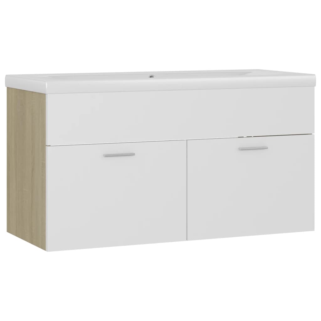 Set dulap si chiuveta de baie, vidaXL, PAL, 90 x 38.5 x 46 cm, Alb/Maro Stejar