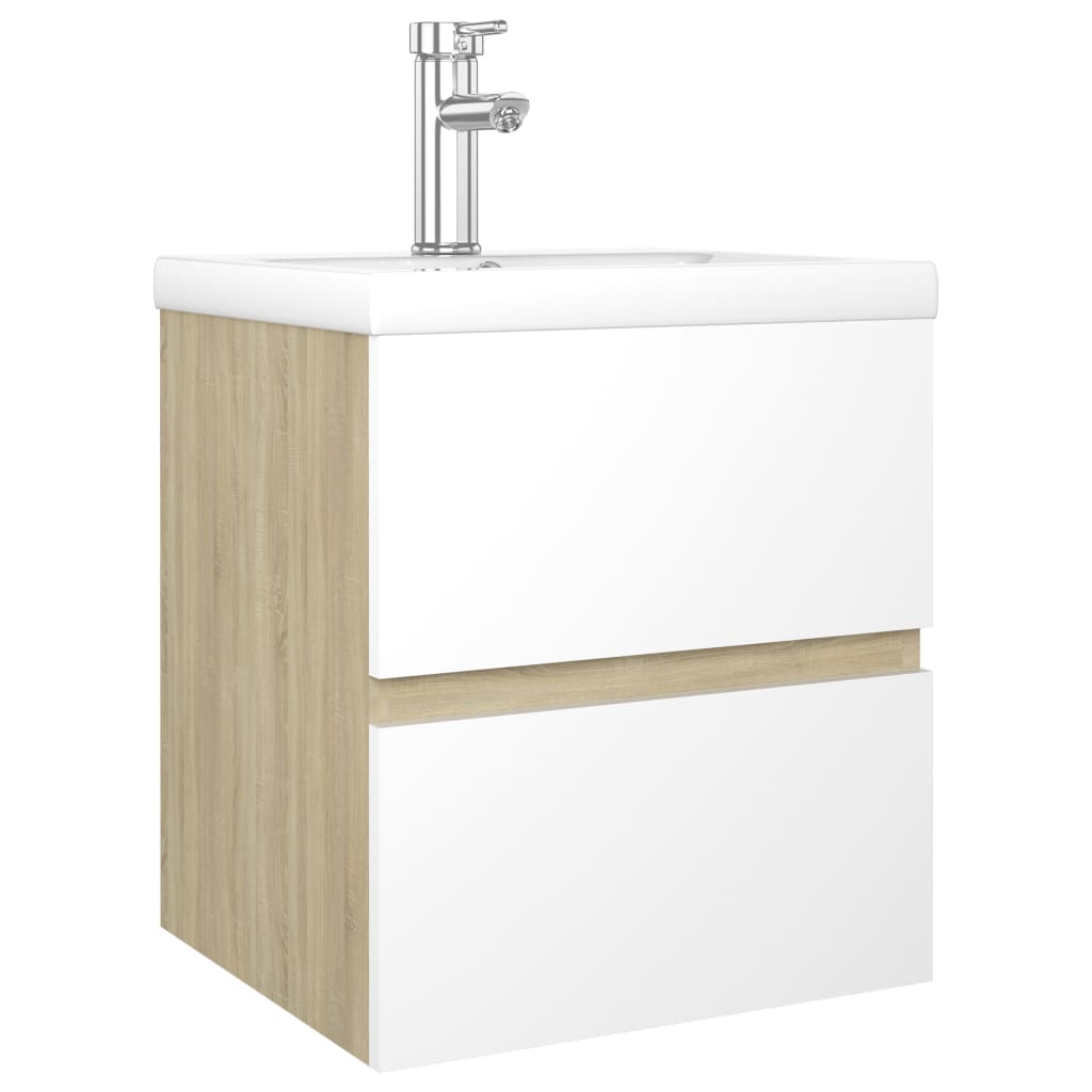 Set dulap si chiuveta baie, vidaXL, PAL, 41 x 38.5 x 45 cm, Alb/Maro Stejar