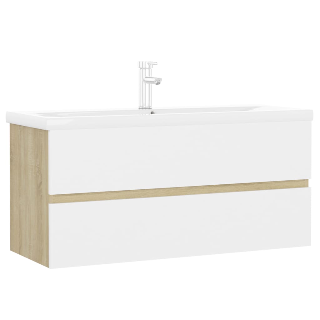 Set dulap si chiuveta baie, vidaXL, PAL, 100 x 38.5 x 45 cm, Alb/Maro Stejar