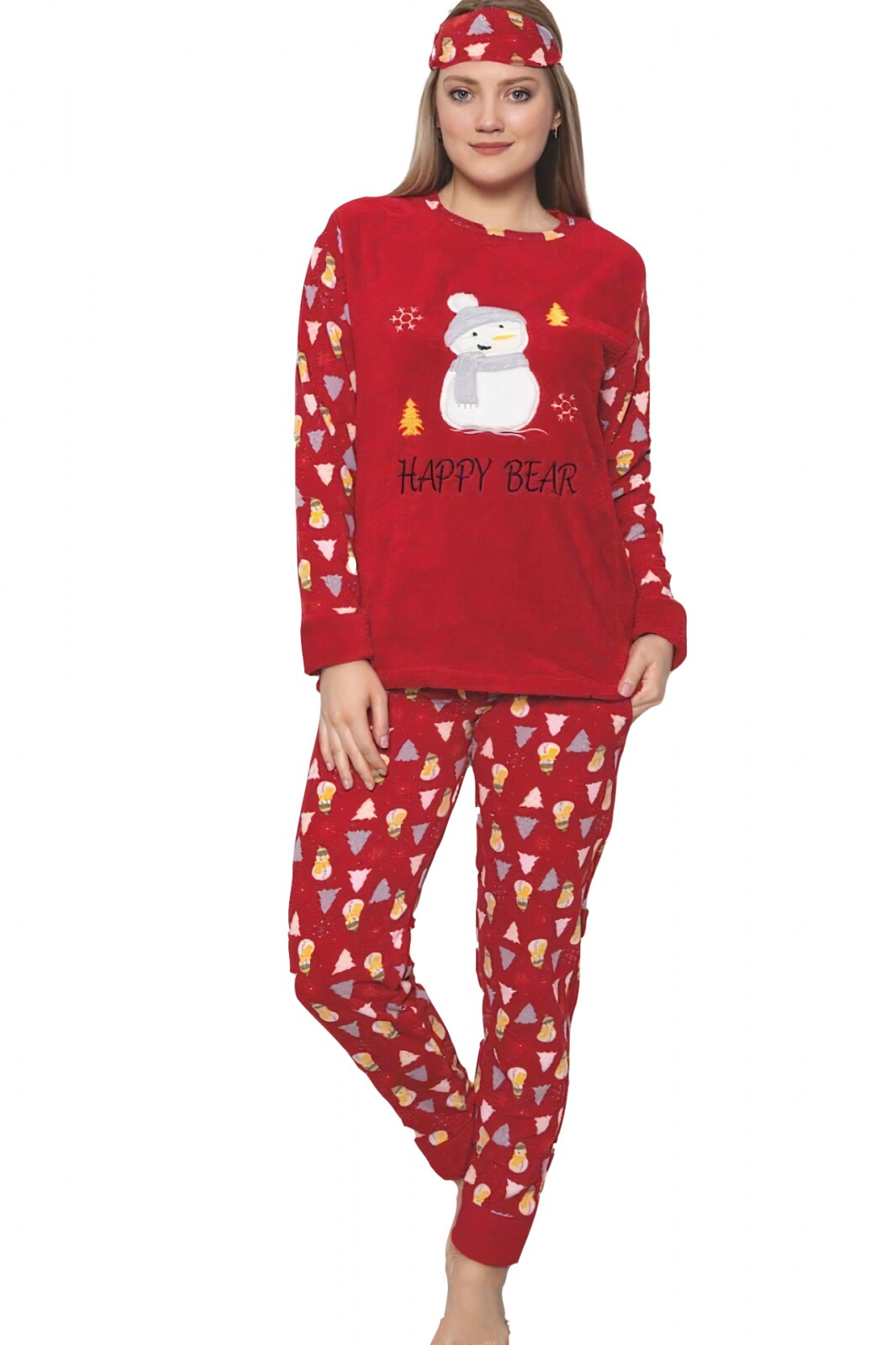 Pijama dama cocolino, pufoasa cu imprimeu Om de zapada 1203, Rosu