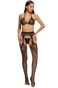 Set lenjerie sexy, 3 piese, Ciorap cu portjartier, chilot si sutien cu cristale, Negru, One Size INTL Set lenjerie sexy, 3 piese, Ciorap cu portjartier, chilot si sutien cu cristale, Negru, One Size INTL