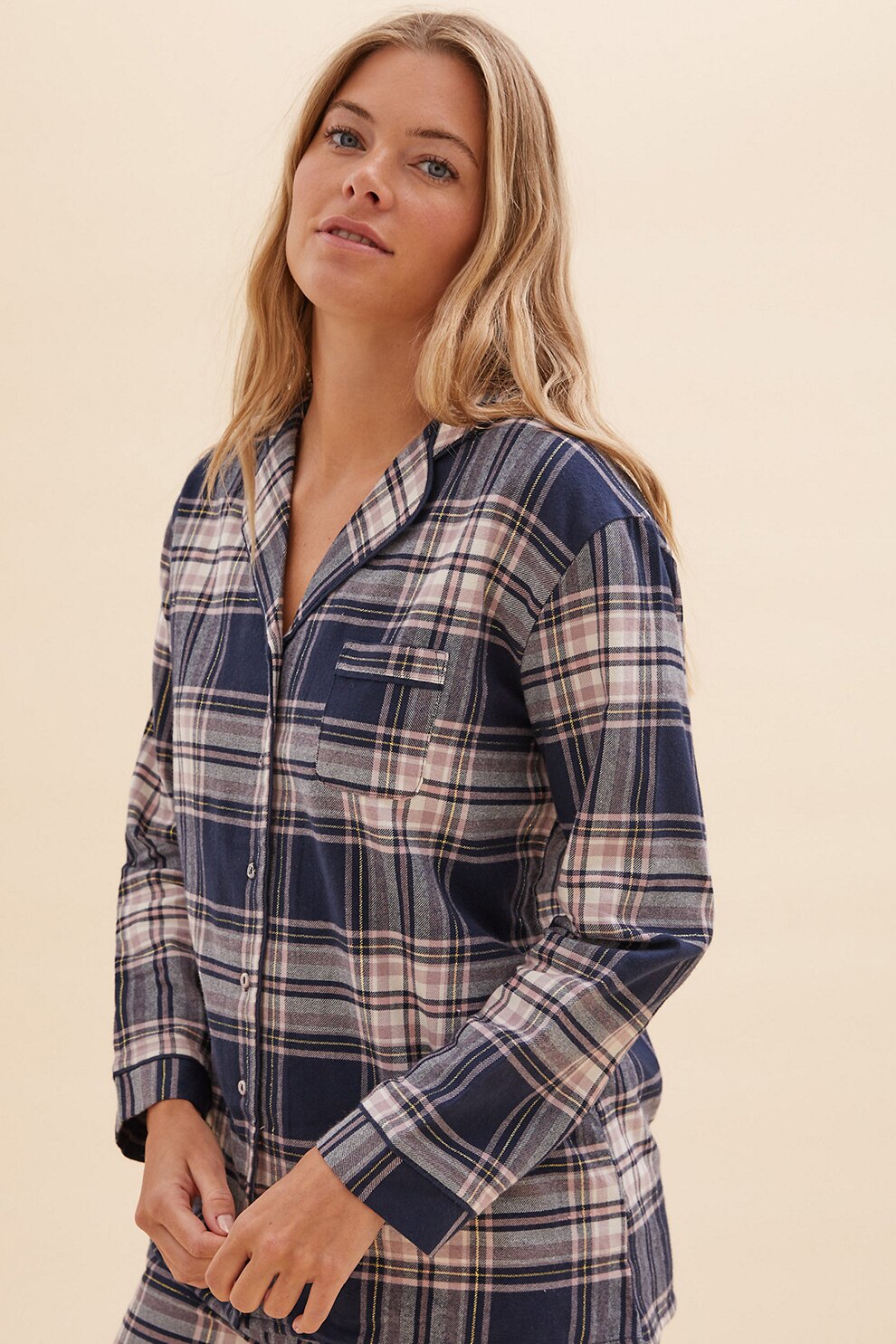 Marks & Spencer, Pijama in carouri cu buzunar pe piept, Bleumarin/Roz pal