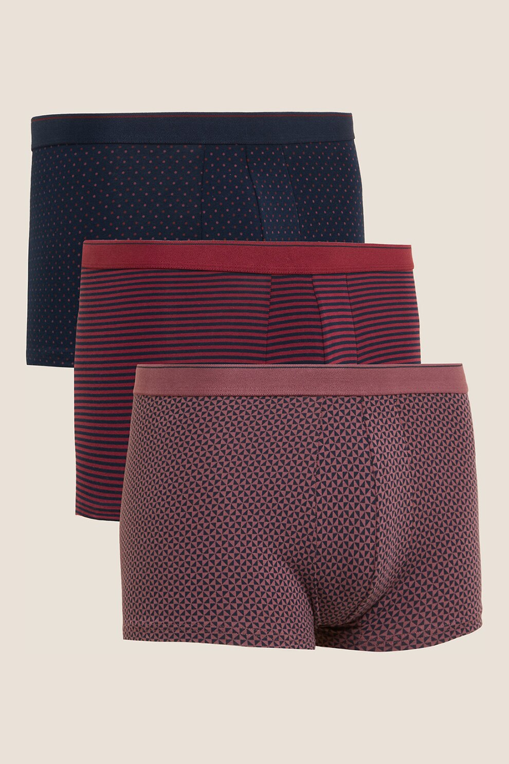 Marks & Spencer, Set de boxeri cu imprimeuri diverse - 3 perechi, Rosu Bordeaux/Rosu fad/Bleumarin, S