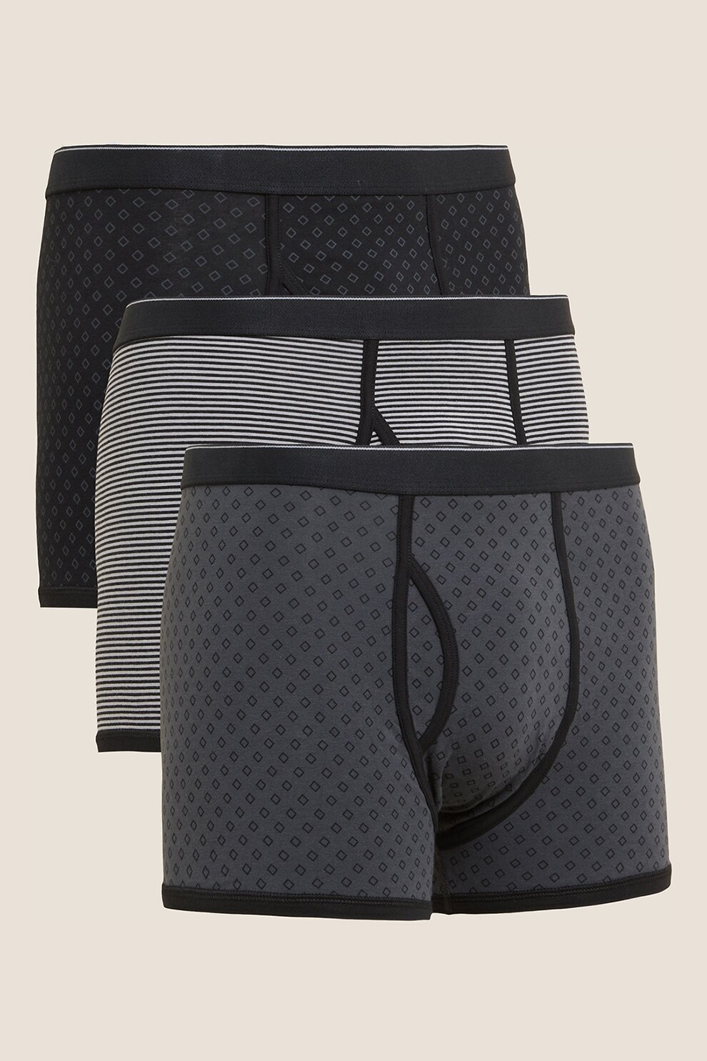 Marks & Spencer, Set de boxeri cu imprimeuri diverse - 3 perechi, Negru/Alb/Gri, S