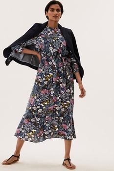 Marks & Spencer, Rochie midi cu imprimeu floral si cordon talie, Bleumarin inchis/Alb/Roz Marks & Spencer, Rochie midi cu imprimeu floral si cordon talie, Bleumarin inchis/Alb/Roz