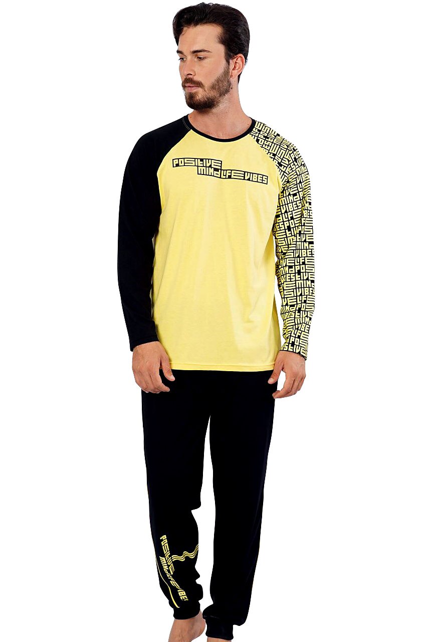 Pijama Barbati, Gazzaz by Vienetta, Model 'Mind Life Vibes', Culoare Galben/Negru