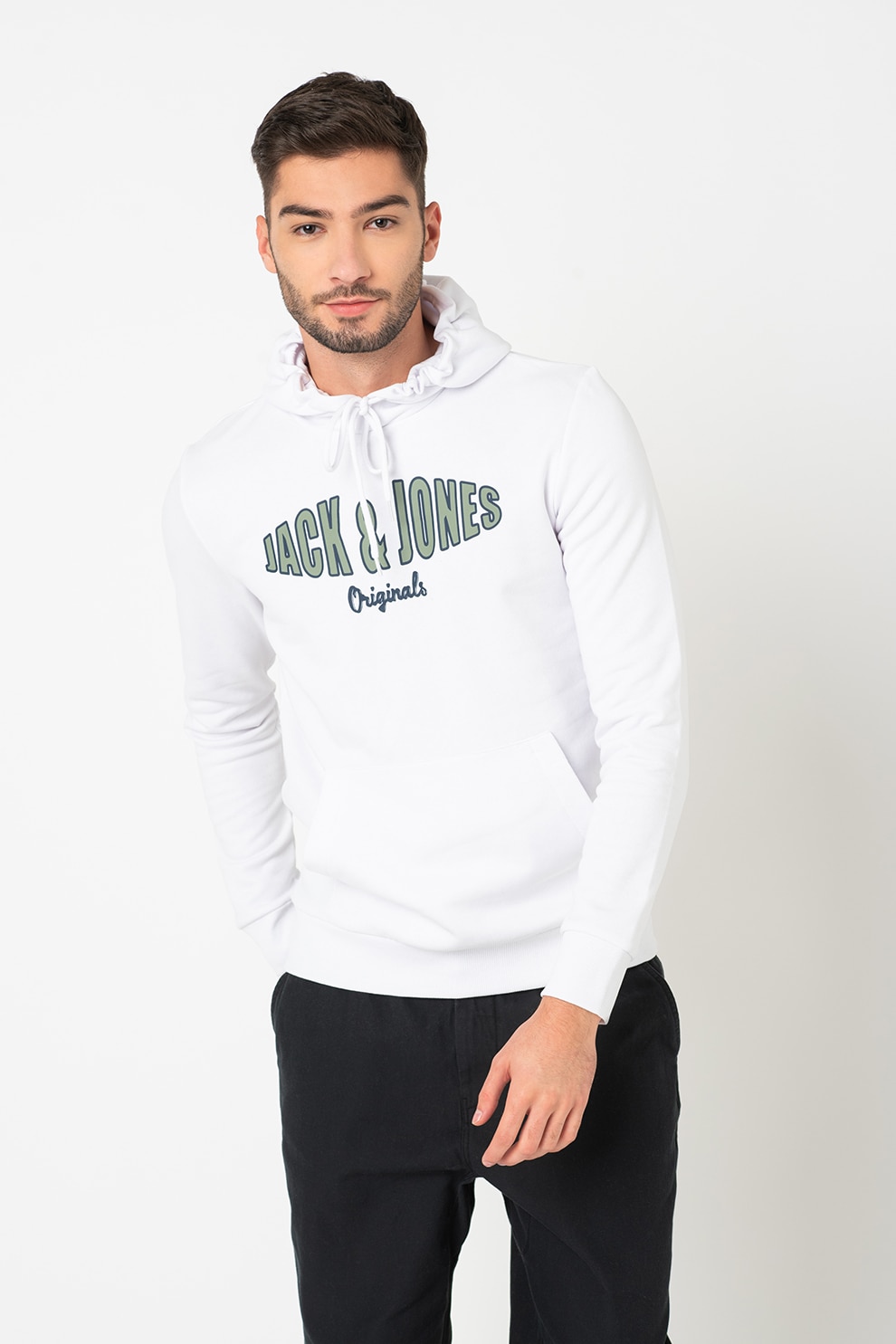 Jack&Jones, Hanorac cu imprimeu logo si buzunar kangaroo Olive, Alb/Verde feriga