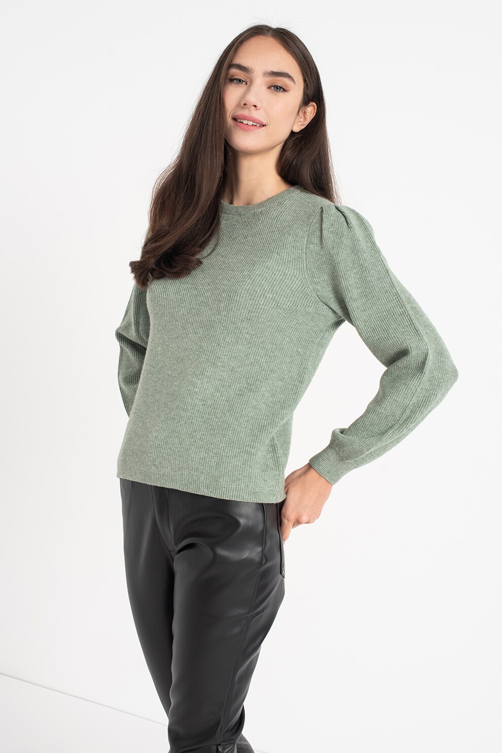 Only, Pulover striat cu maneci bufante Katia, Verde pal