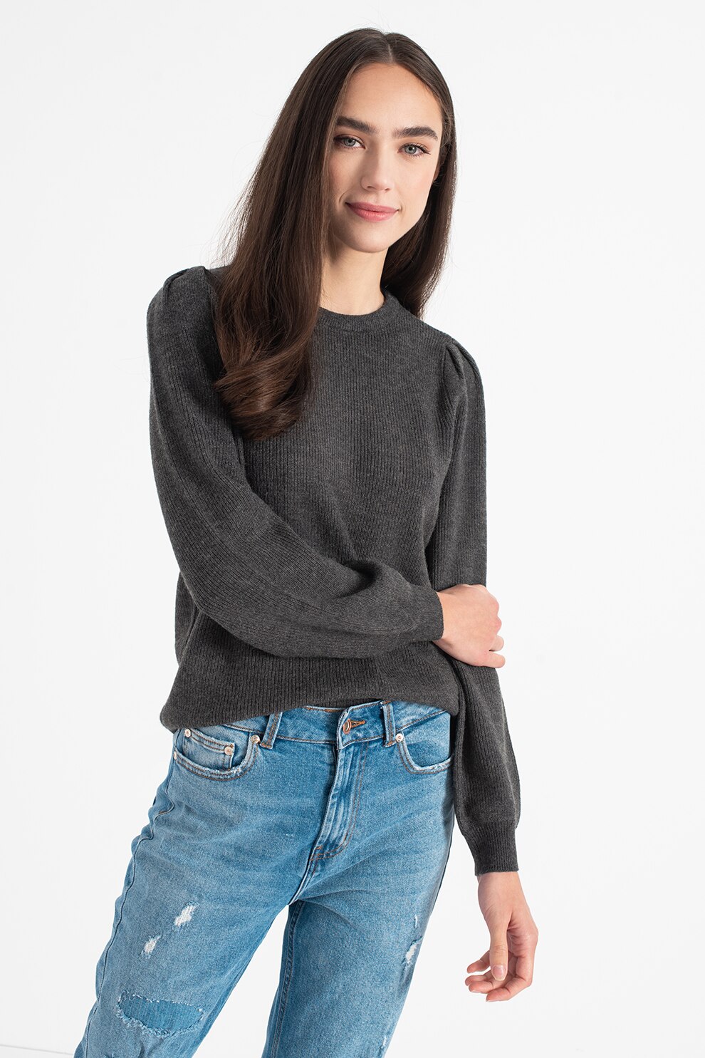 Only, Pulover striat cu maneci bufante Katia, Verde inchis