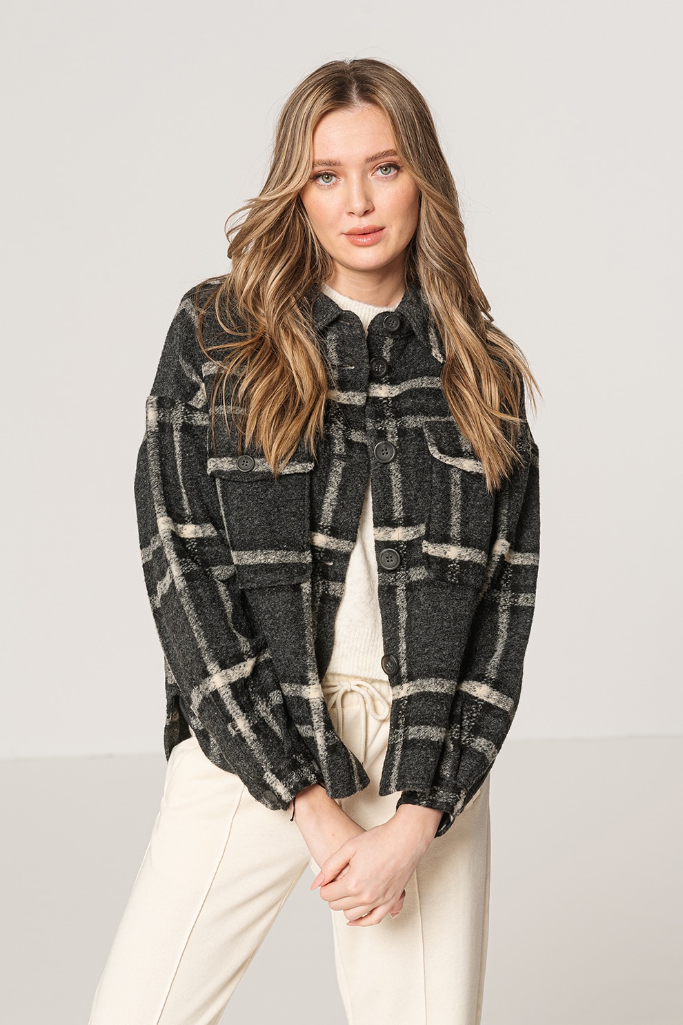 Vero Moda, Jacheta-camasa din amestec de lana Chrissie, Gri inchis/Gri cenusa/Alb prafuit