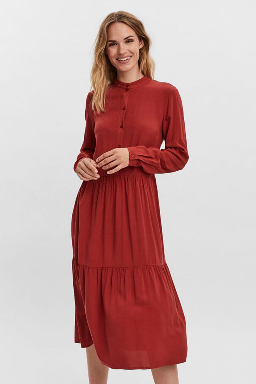 Vero Moda, Rochie evazata cu guler Mao, Rosu caramiziu