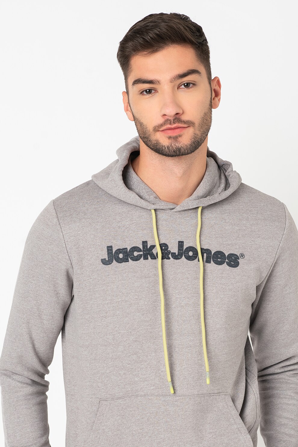 Jack&Jones, Hanorac cu imprimeu logo si buzunar kangaroo Jaxons, Gri
