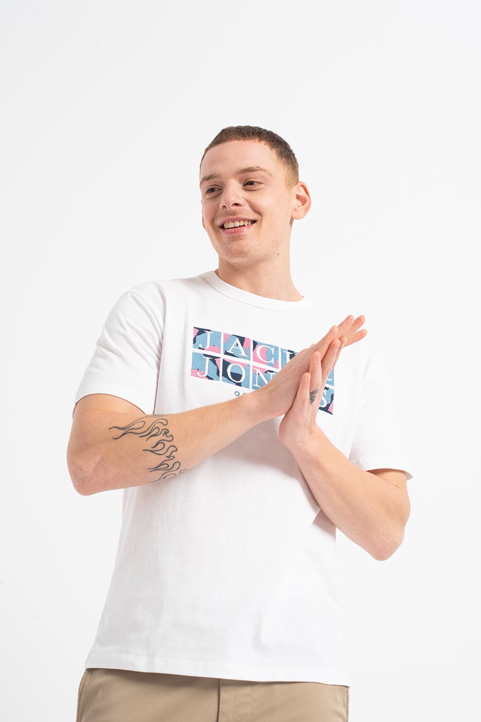 Jack&Jones, Tricou cu imprimeu logo, Alb/Albastru inchis