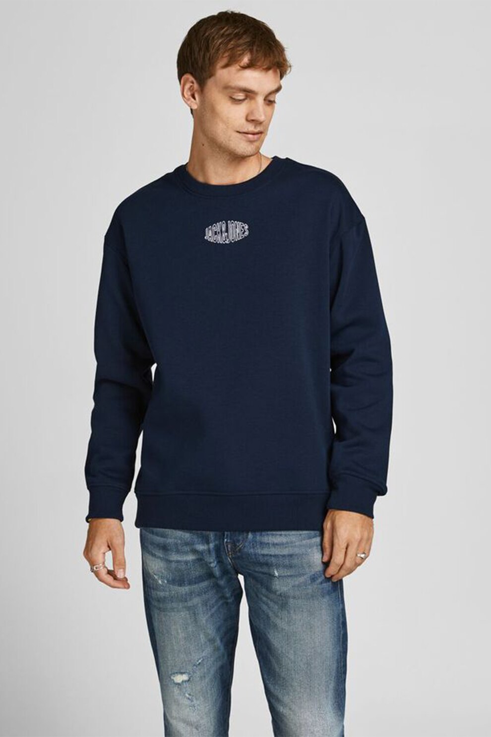 Jack&Jones, Bluza sport cu decolteu la baza gatului si imprimeu logo, Bleumarin, L