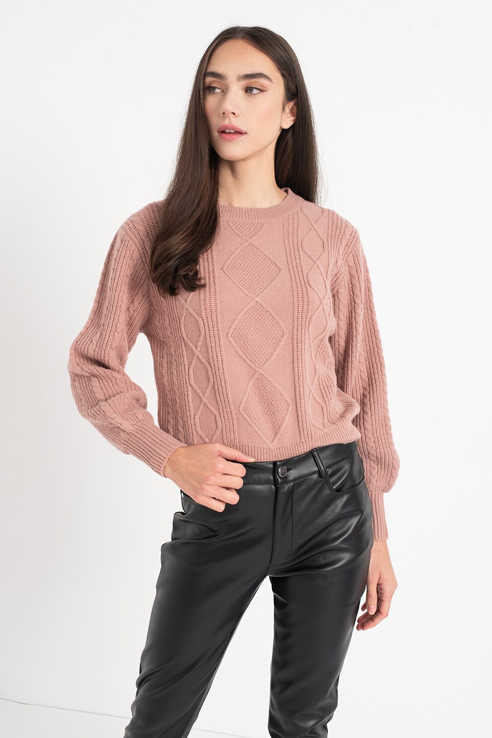 JdY, Pulover cu decolteu la baza gatului cu model torsade Daphny, Roz prafuit