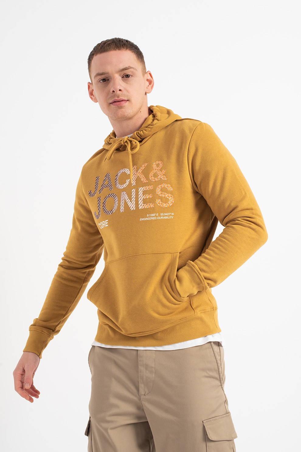 Jack&Jones, Hanorac cu imprimeu logo si buzunar kangaroo Poky, Galben sofran