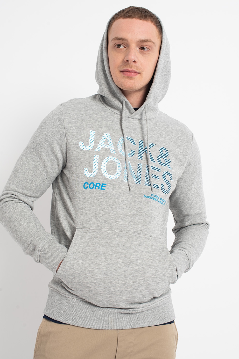 Jack&Jones, Hanorac cu imprimeu logo si buzunar kangaroo Poky, Gri deschis melange