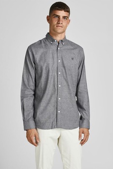 Jack&Jones, Camasa din bumbac cu guler fixat cu nasturi, Gri inchis melange Jack&Jones, Camasa din bumbac cu guler fixat cu nasturi, Gri inchis melange