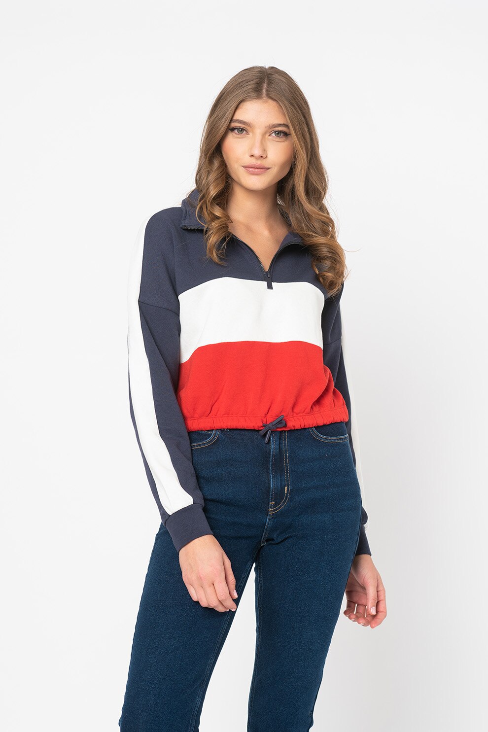 Only, Bluza sport crop cu model colorblock Maggi, Bleumarin/Alb/Rosu