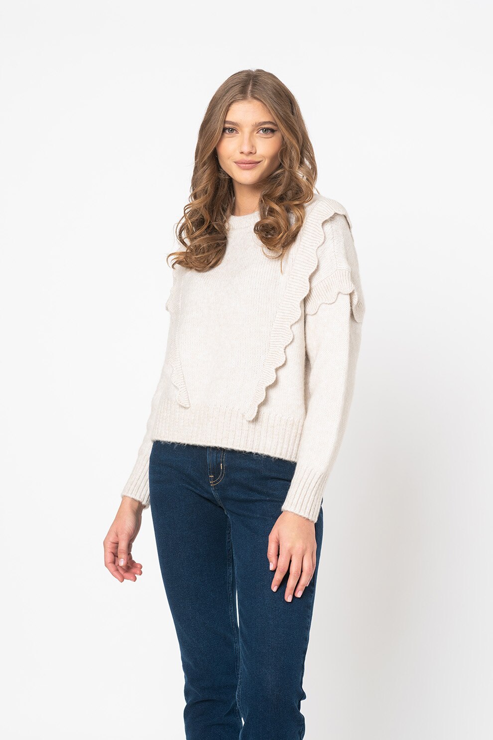 Only, Pulover cu insertii valurite Stella, Alb/Maro nisip