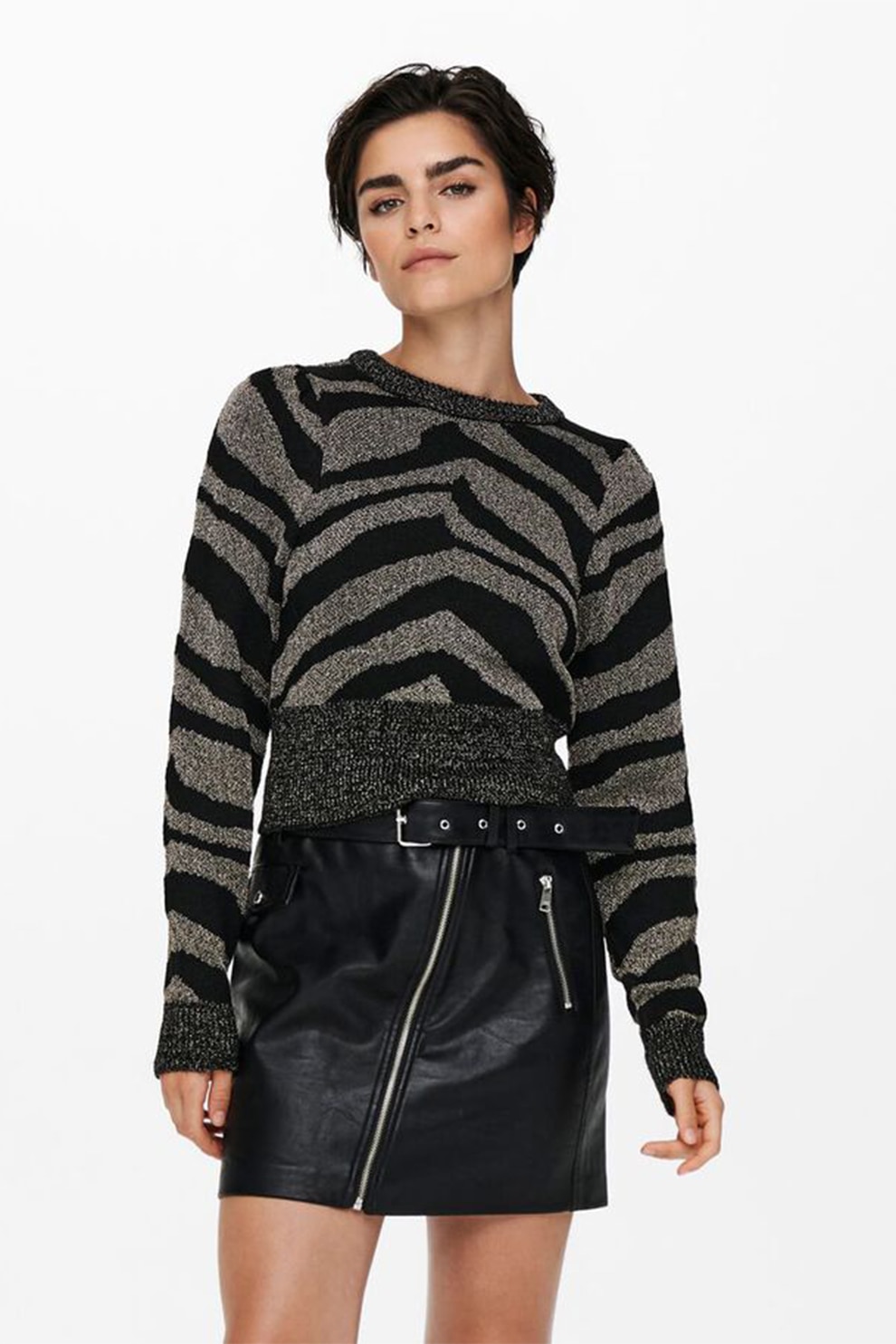 Only, Pulover crop cu imprimeu, Negru/Gri inchis melange