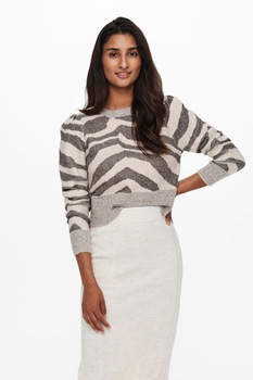 Only, Pulover crop cu imprimeu, Alb/Gri inchis melange, L Only, Pulover crop cu imprimeu, Alb/Gri inchis melange, L