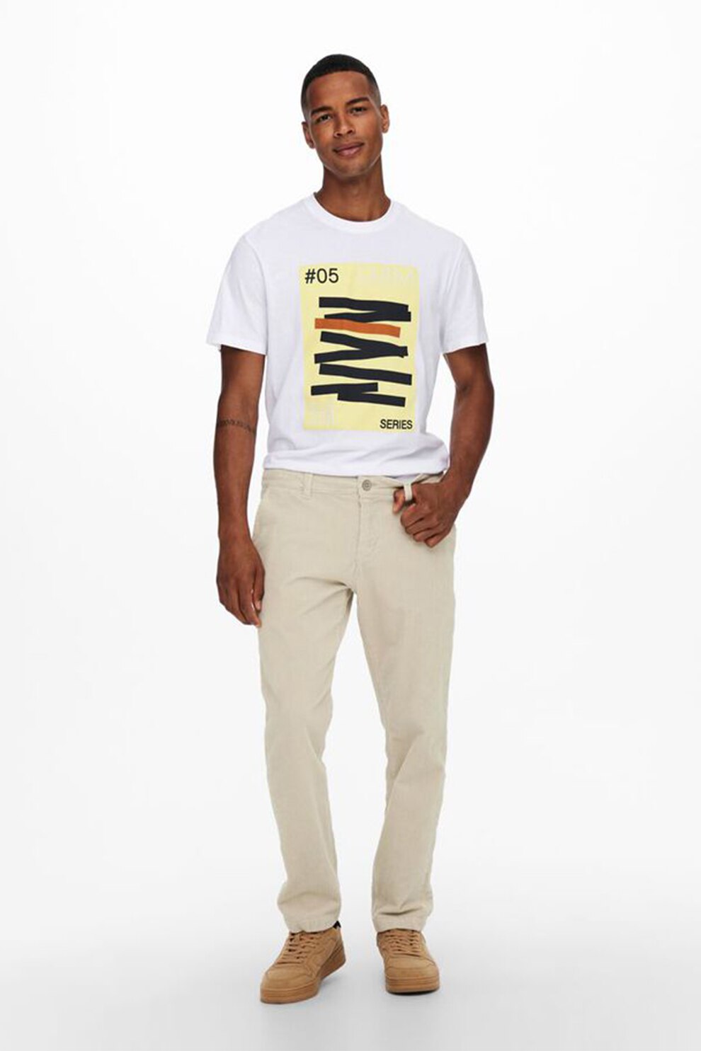 Only & Sons, Tricou regular fit cu imprimeu, Alb/Bej/Negru
