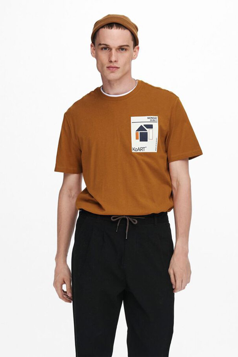 Only & Sons, Tricou regular fit cu imprimeu, Maro scortisoara/Alb