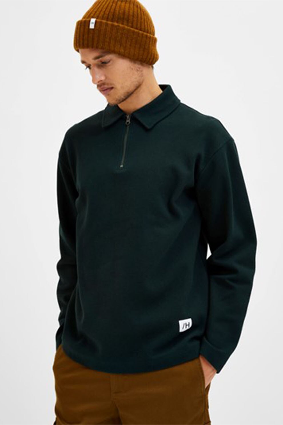 Selected Homme, Bluza polo din bumbac organic, Verde forest