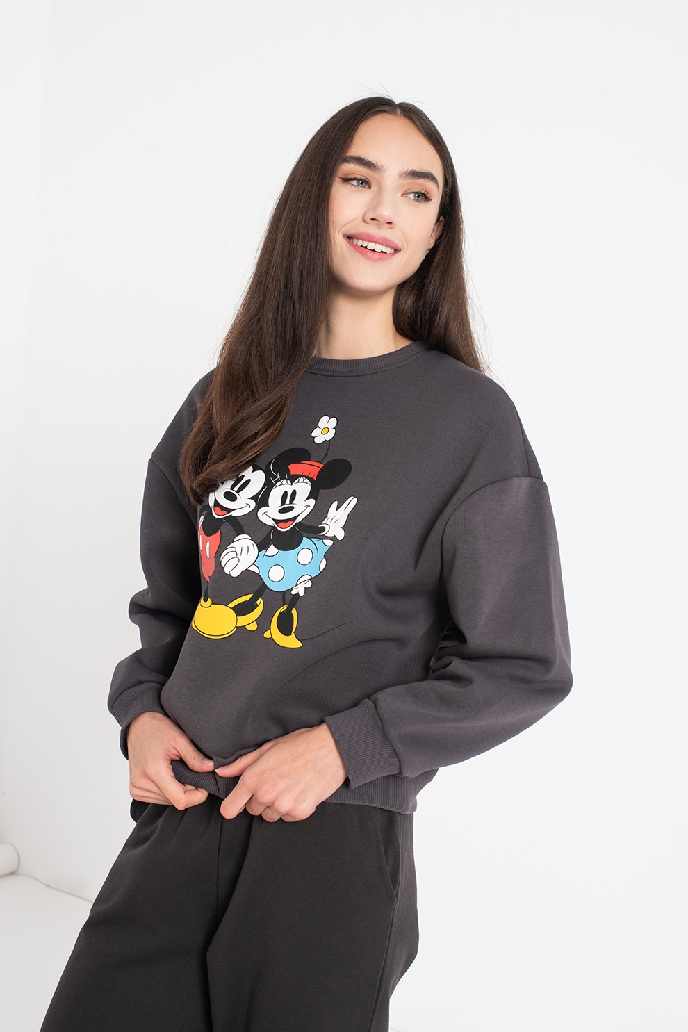 Only, Bluza sport cu maneci cazute si imprimeu cu desene Disney, Gri antracit/Negru