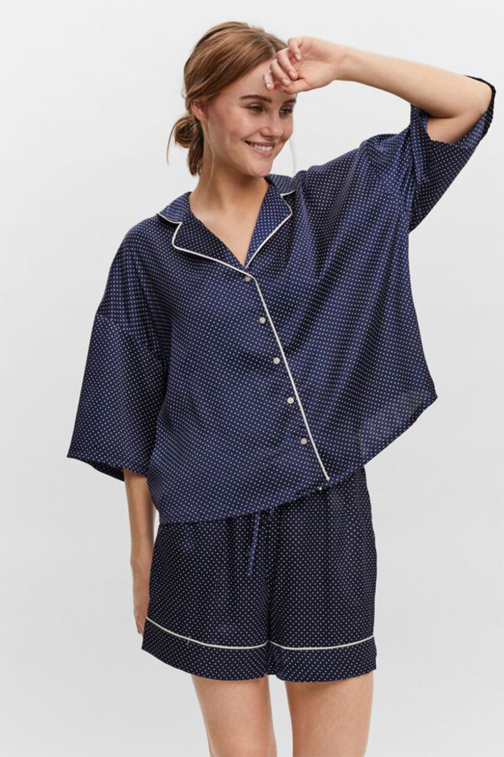 Vero Moda, Pijama din satin cu imprimeu cu buline, Bleumarin/Alb