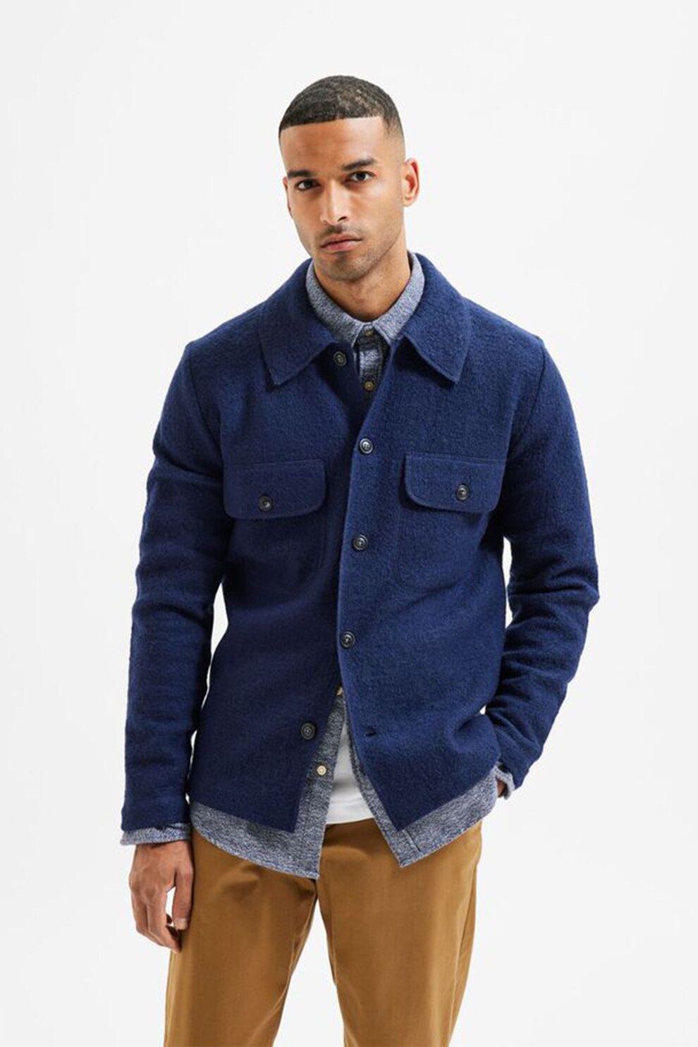 Selected Homme, Jacheta tip camasa din lana cu buzunare pe piept, Bleumarin, S