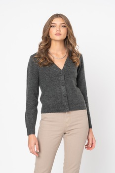 JdY, Cardigan cu nasturi si decolteu in V Cammy, Gri inchis melange JdY, Cardigan cu nasturi si decolteu in V Cammy, Gri inchis melange