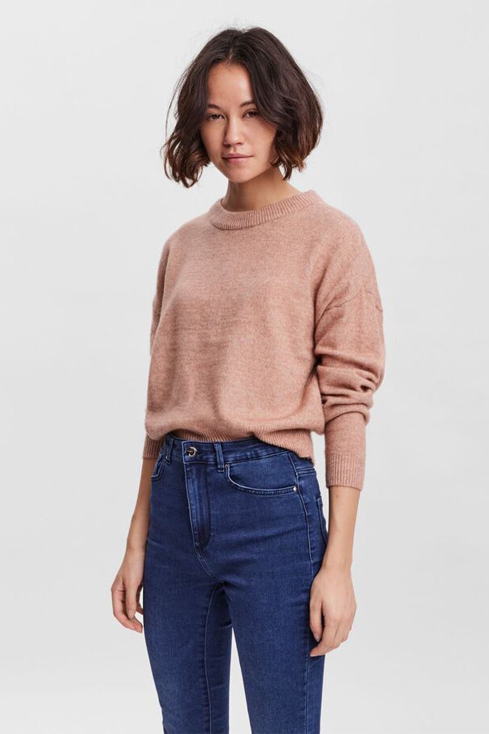 Vero Moda, Pulover cu decolteu rotund si maneci cazute, Roz inchis melange, L