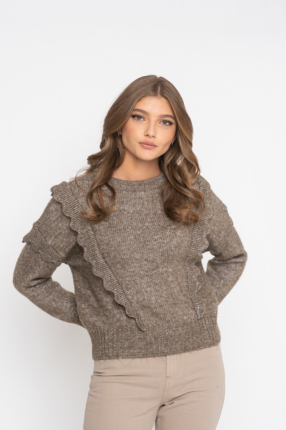 Only, Pulover cu insertii valurite Stella, maro melange