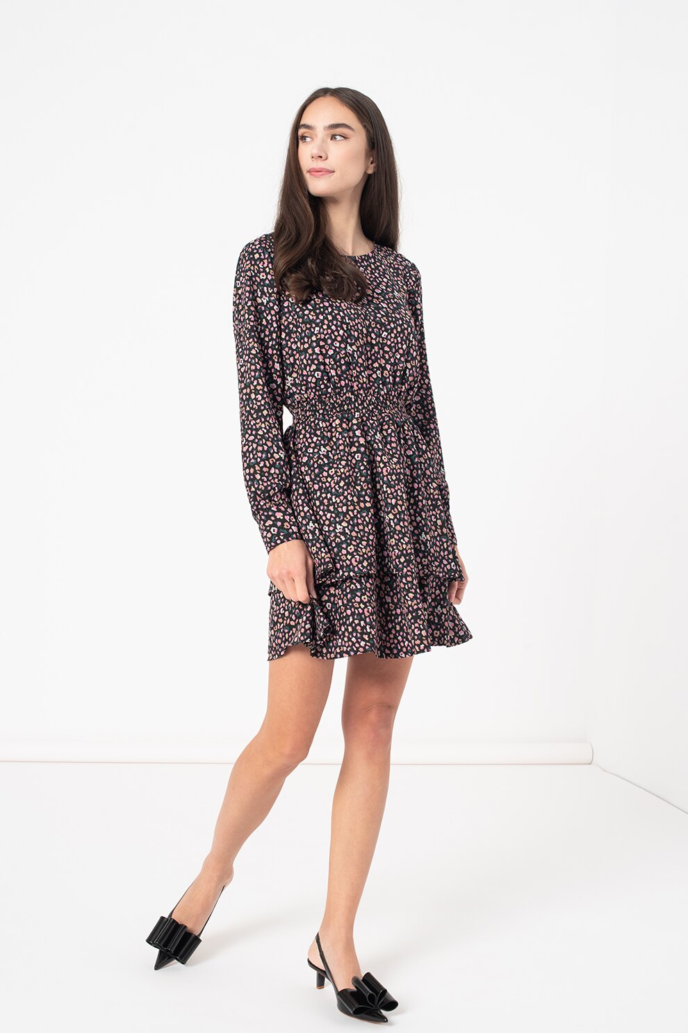 Only, Rochie cu model stratificat si imprimeu Rosa, Negru/Roz/Verde