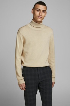 Jack&Jones, Pulover tricotat fin cu guler inalt Emil, Bej Jack&Jones, Pulover tricotat fin cu guler inalt Emil, Bej