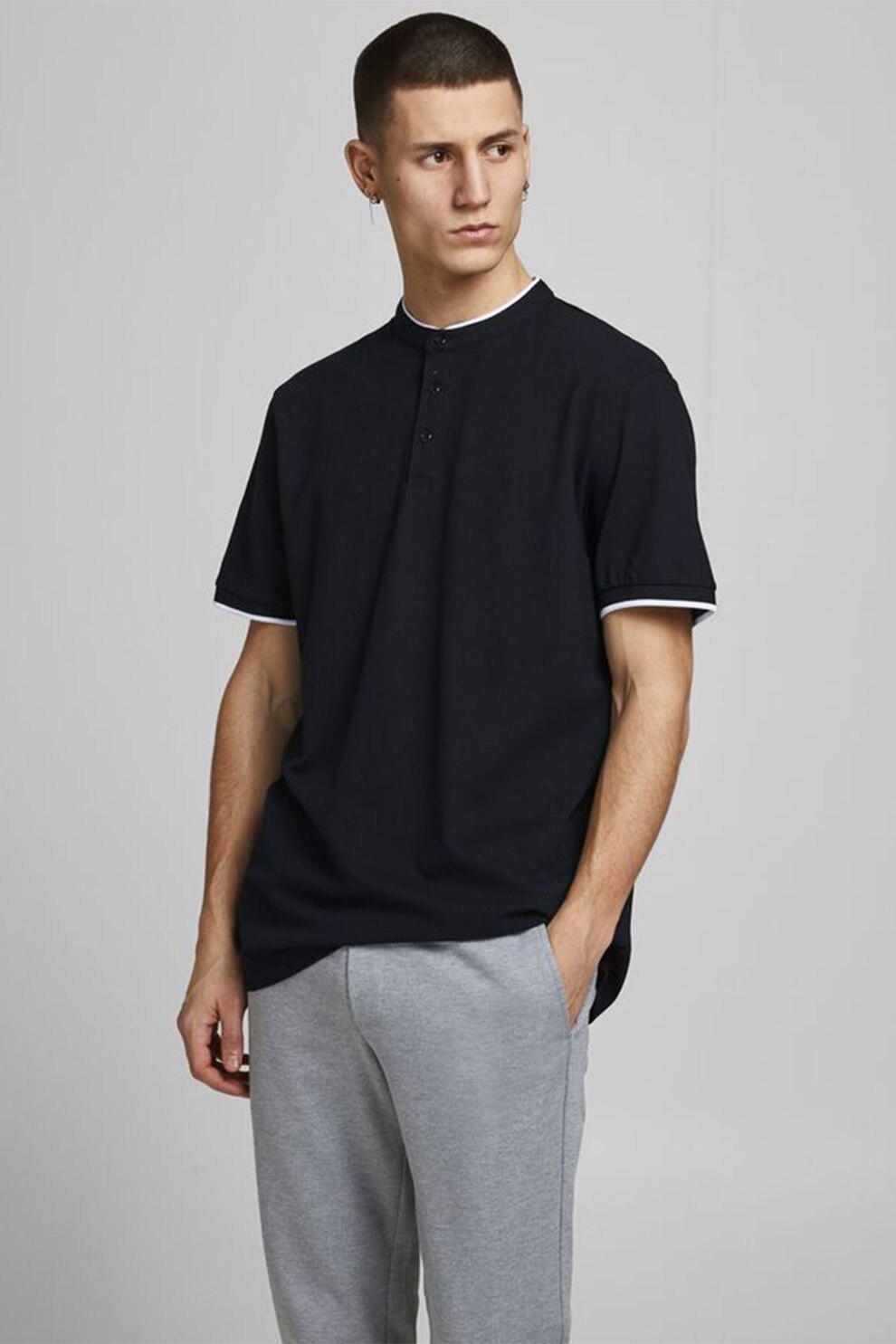 Jack&Jones, Tricou polo din material pique cu guler mandarin, Negru/Alb