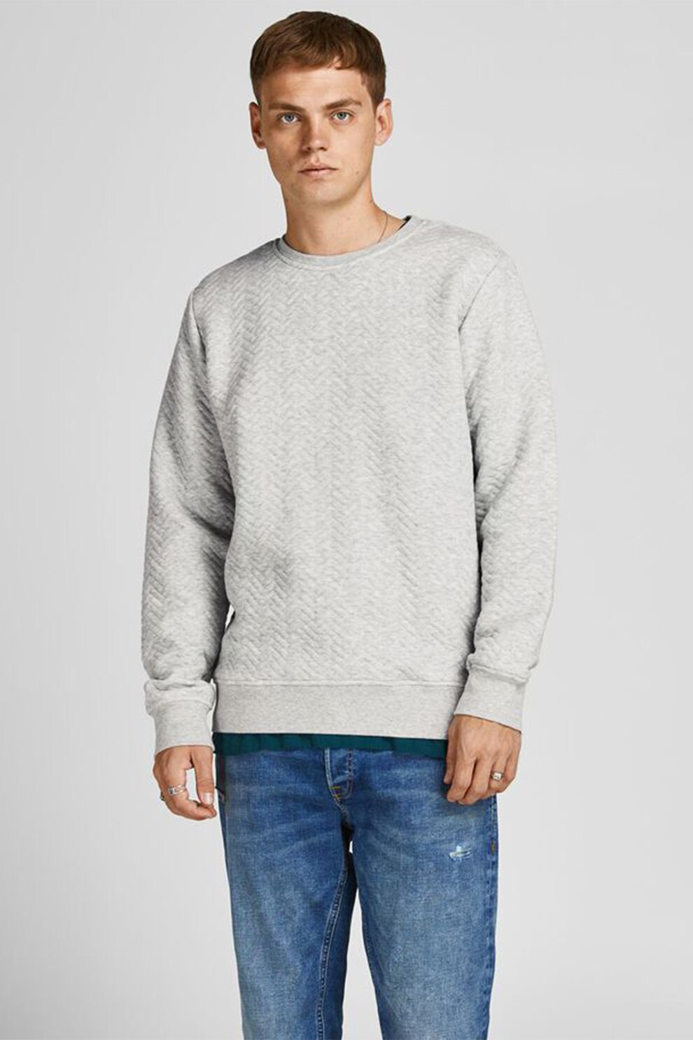 Jack&Jones, Bluza sport cu decolteu la baza gatului si aspect texturat, Gri deschis melange